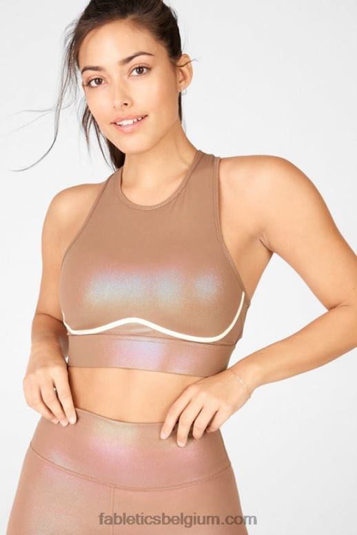 iriserende mokka/zandduin vrouwen blare gekruiste rug medium impact glans sportbeha Fabletics LH20J1920