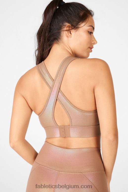 iriserende mokka/zandduin vrouwen blare gekruiste rug medium impact glans sportbeha Fabletics LH20J1920