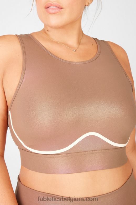 iriserende mokka/zandduin vrouwen blare gekruiste rug medium impact glans sportbeha Fabletics LH20J1921