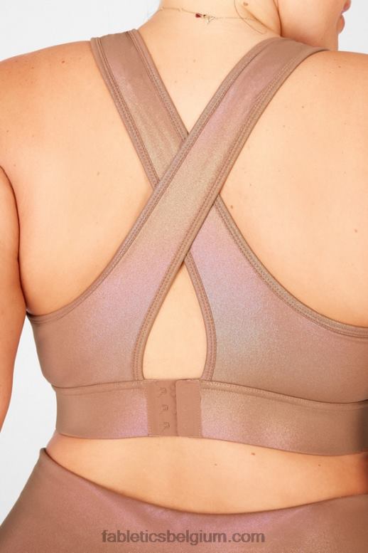 iriserende mokka/zandduin vrouwen blare gekruiste rug medium impact glans sportbeha Fabletics LH20J1921