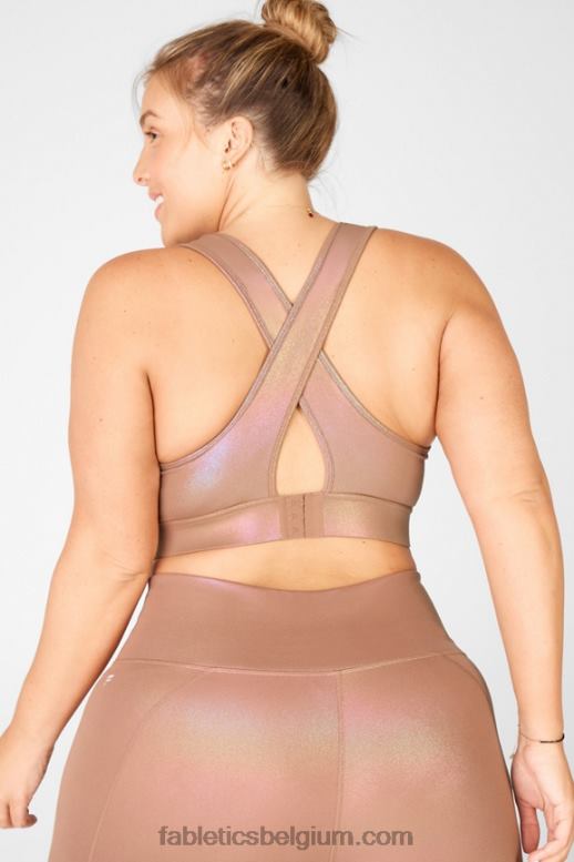 iriserende mokka/zandduin vrouwen blare gekruiste rug medium impact glans sportbeha Fabletics LH20J1921