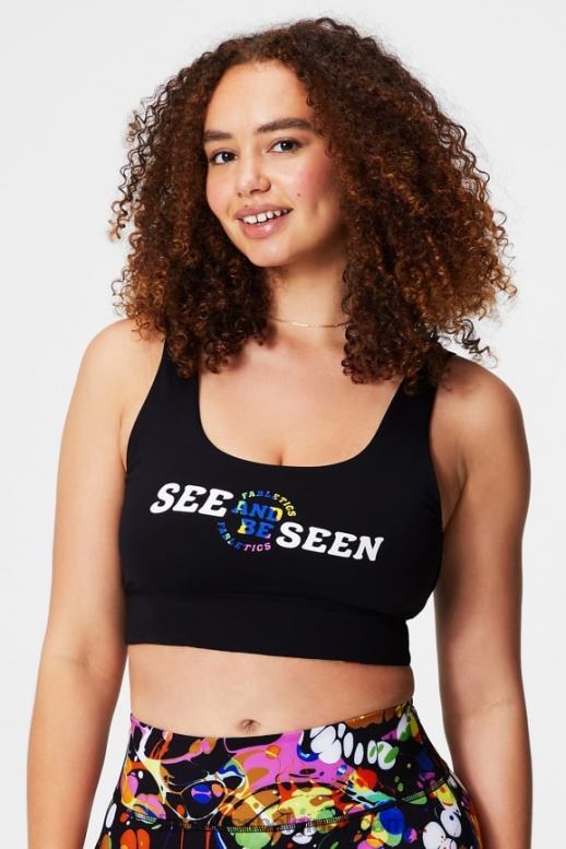 zwart caleidoscopisch/zwart vrouwen Harlyn midi medium impact sportbeha Fabletics LH20J1849