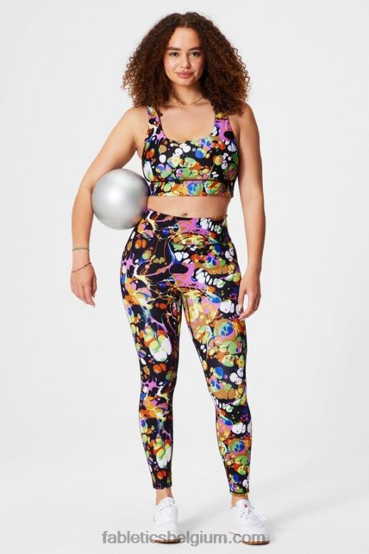 zwart caleidoscopisch/zwart vrouwen Harlyn midi medium impact sportbeha Fabletics LH20J1849