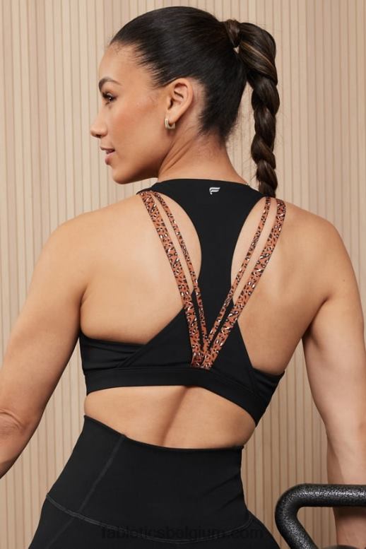 zwart/gebrand oker golvende leo vrouwen boost medium impact sportbeha 122 Fabletics LH20J1794