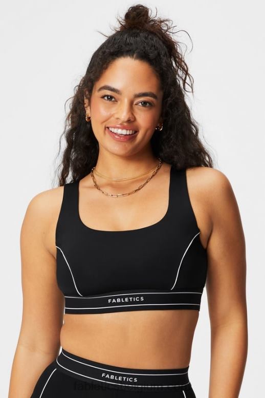 zwart/klassiek wit logo vrouwen medium impact sportbeha met biezen Fabletics LH20J1816