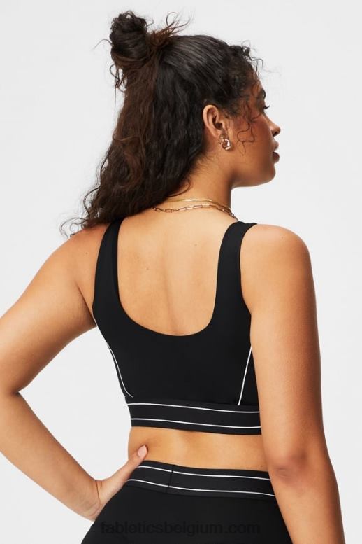 zwart/klassiek wit logo vrouwen medium impact sportbeha met biezen Fabletics LH20J1816