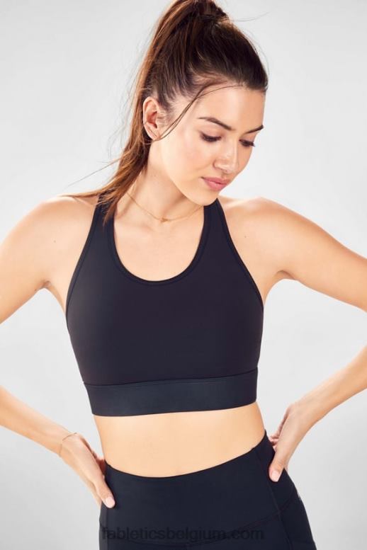 zwarte glans vrouwen medium impact sportbeha voor onderweg 116 Fabletics LH20J1763