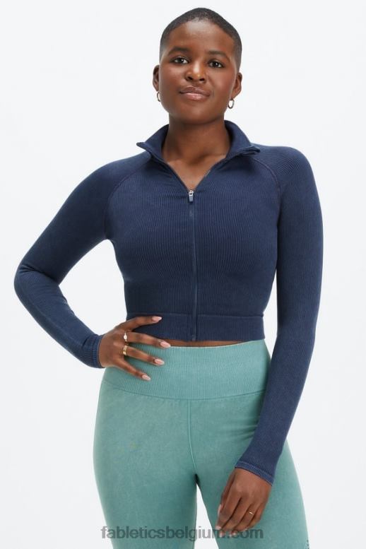 gewassen diepe marine vrouwen bijgesneden naadloze rib met volledige ritssluiting Fabletics LH20J2770