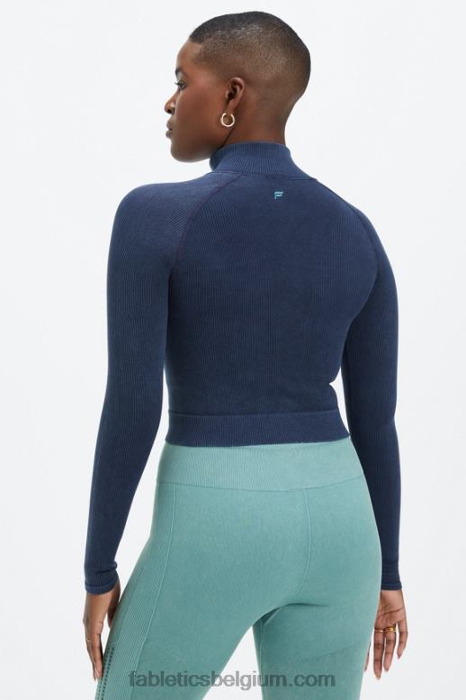 gewassen diepe marine vrouwen bijgesneden naadloze rib met volledige ritssluiting Fabletics LH20J2770