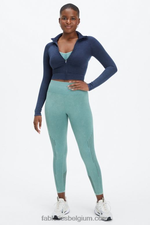 gewassen diepe marine vrouwen bijgesneden naadloze rib met volledige ritssluiting Fabletics LH20J2770