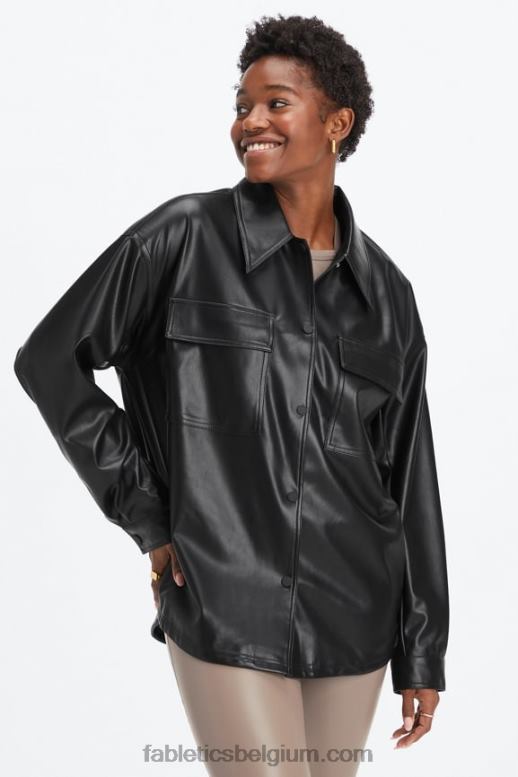 zwart vrouwen oversized vegan leren overhemdjack Fabletics LH20J2800