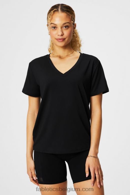 zwart vrouwen dry-flex T-shirt met V-hals en korte mouwen Fabletics LH20J1959