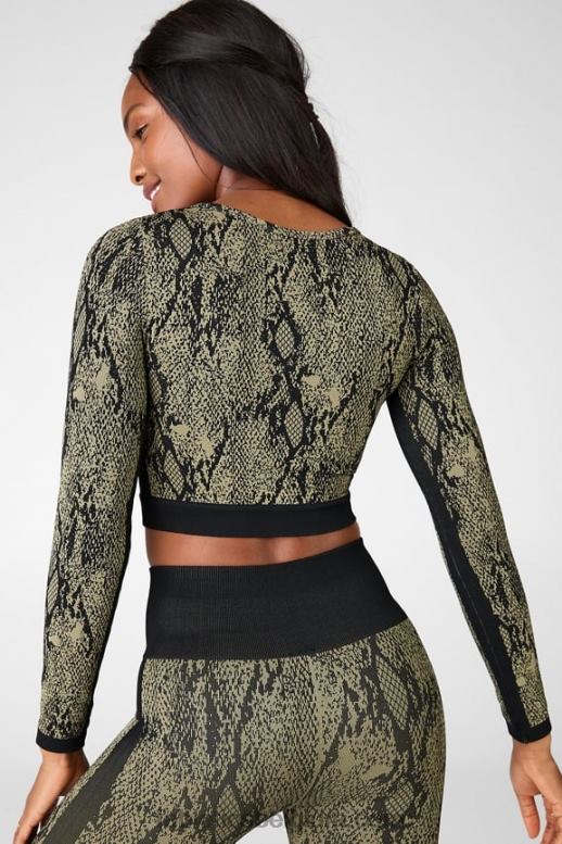 groen reptilia/zwart vrouwen kamila naadloze top met lange mouwen Fabletics LH20J2681