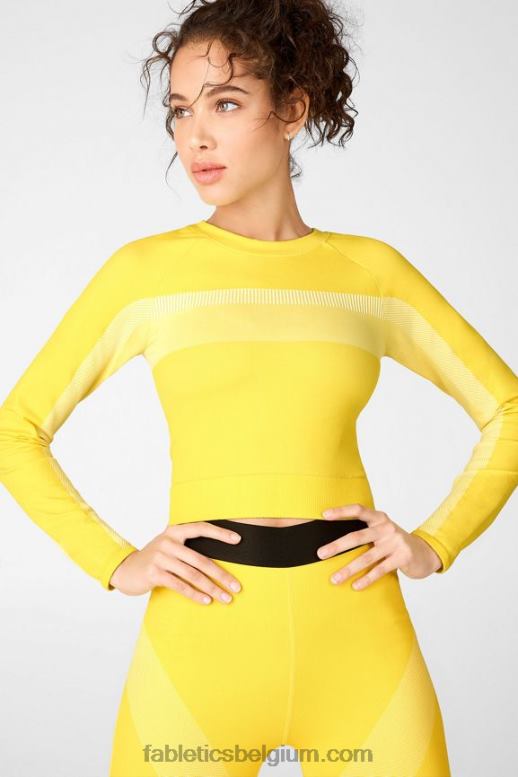 levendig geel/wit vrouwen tory cropped naadloze top met lange mouwen Fabletics LH20J2730