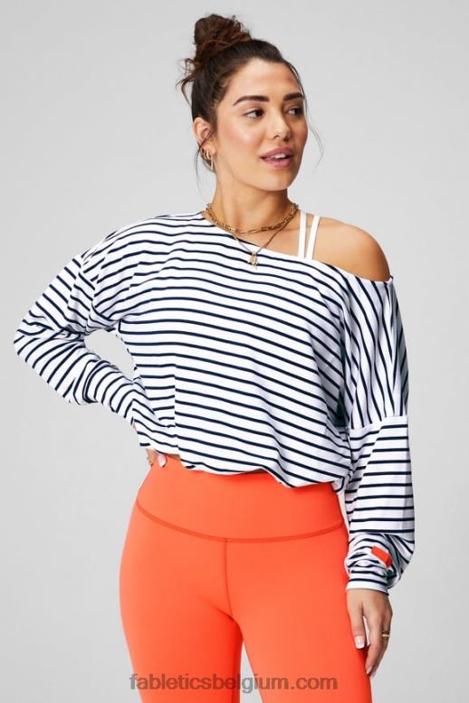 franse streep/passie oranje vrouwen luxe badstof off-shoulder pullover Fabletics LH20J2422