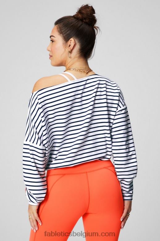 franse streep/passie oranje vrouwen luxe badstof off-shoulder pullover Fabletics LH20J2422
