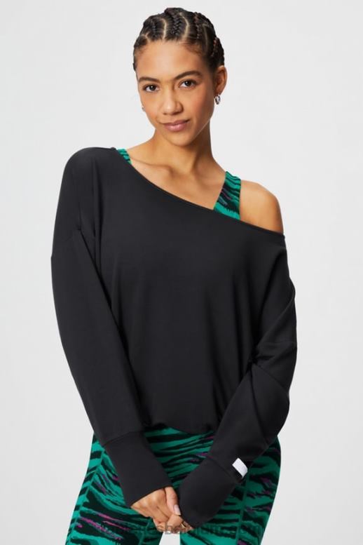zwart vrouwen luxe badstof off-shoulder pullover Fabletics LH20J2423