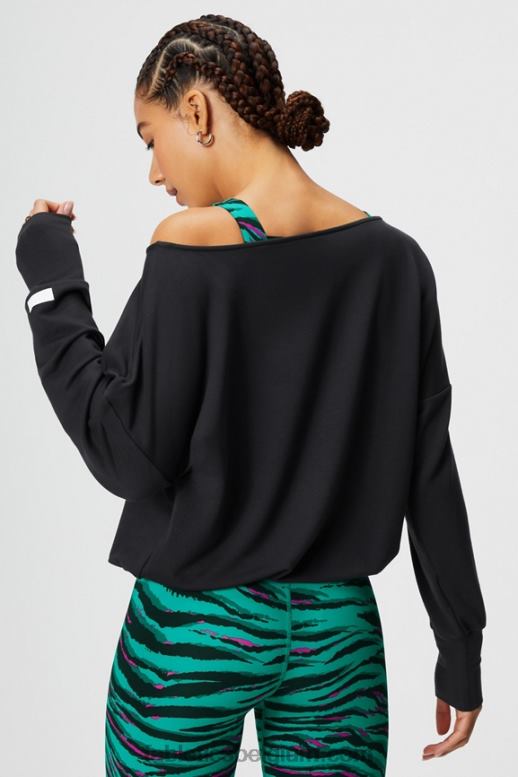 zwart vrouwen luxe badstof off-shoulder pullover Fabletics LH20J2423