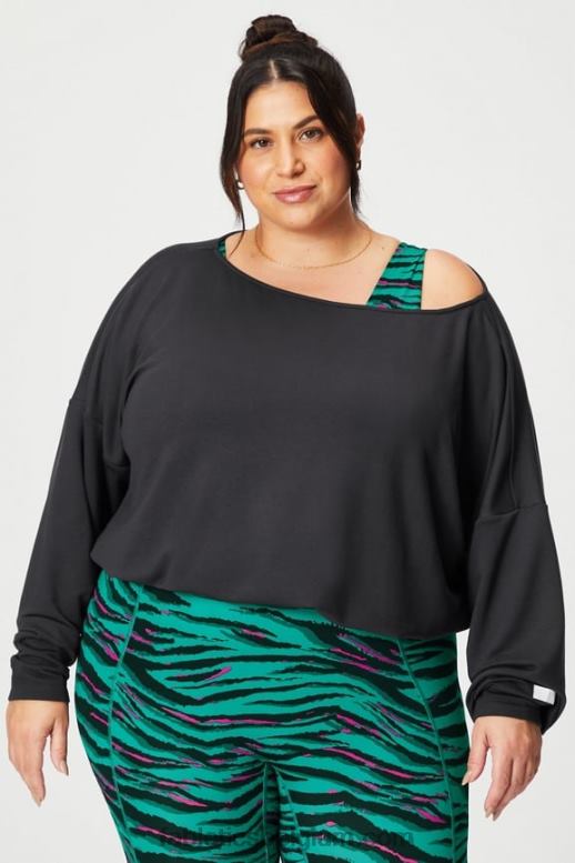 zwart vrouwen luxe badstof off-shoulder pullover Fabletics LH20J2424