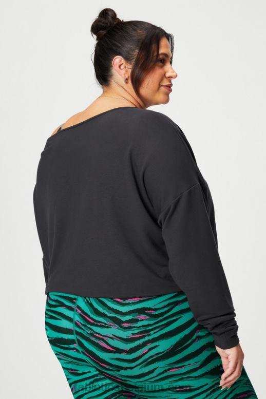 zwart vrouwen luxe badstof off-shoulder pullover Fabletics LH20J2424
