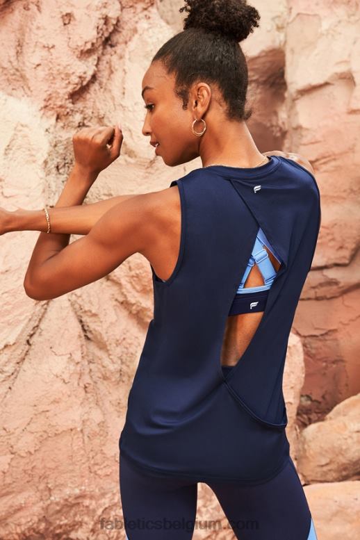 diepe marine vrouwen dry-flex tank met open achterkant Fabletics LH20J2123